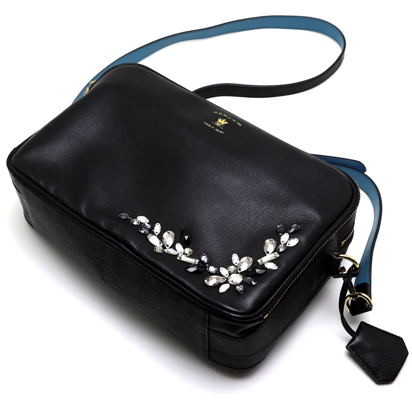 A.D.M.J. スワロフスキー スクエア ショルダーバッグ ネイビー ソフト