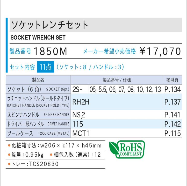 トネ　TONE　ソケットレンチセット　1850M