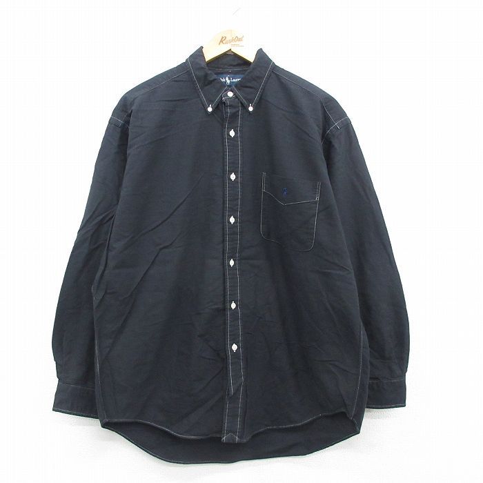 XL/古着 ラルフローレン 長袖 ブランド シャツ メンズ 90s ワンポイントロゴ BIG SHIRT 大きいサイズ コットン ボタンダウン 黒 ブラック 2