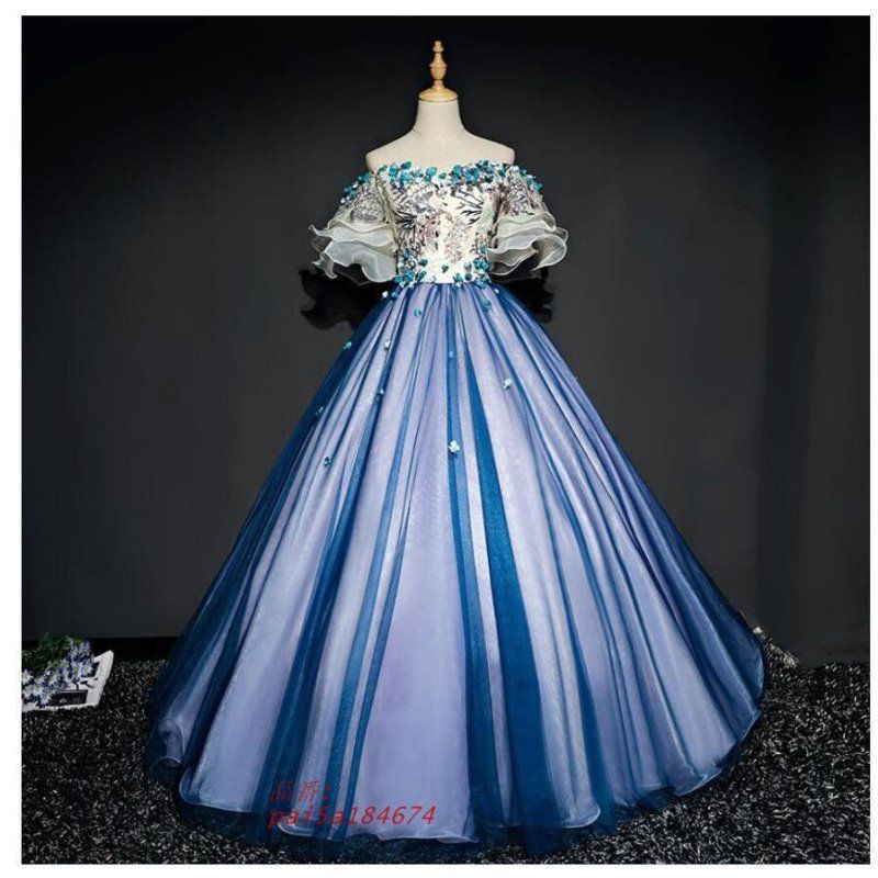 オフショルダー パーティードレス 10代 20代 30代40代 袖あり ロングドレス 結婚式 二次会 ウエディングドレス 舞台衣装 おしゃれ 演奏会 カラードレス 披露宴 pai5a184674