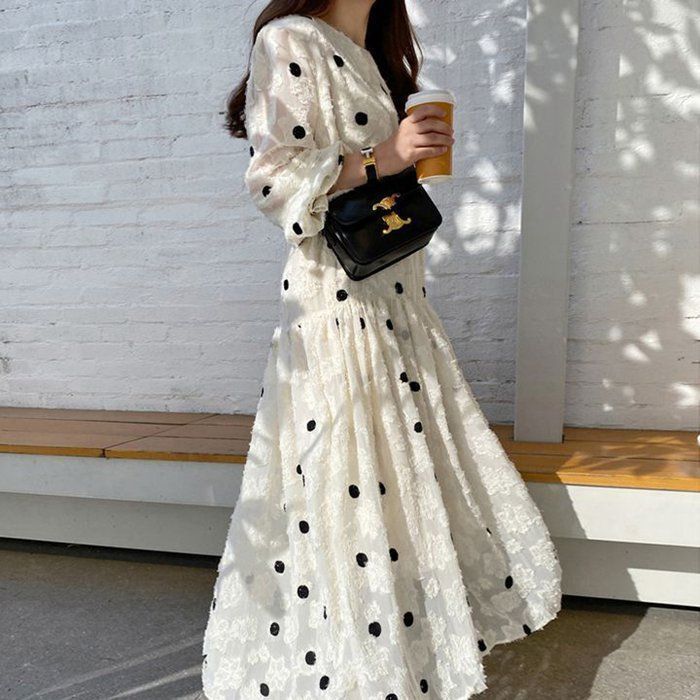 ワンピース 長袖 レディース ロング ロングワンピ クルーネック ドット