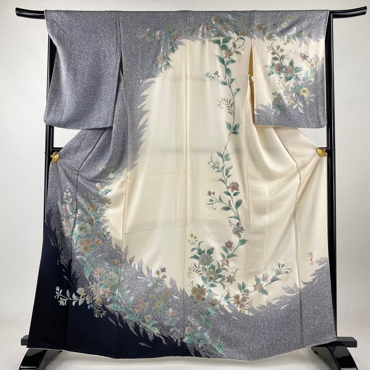 訪問着 身丈165cm 裄丈67cm M 袷 藤本隆士 落款 草花 シルエット 金彩 螺鈿 藍色 正絹 名品
