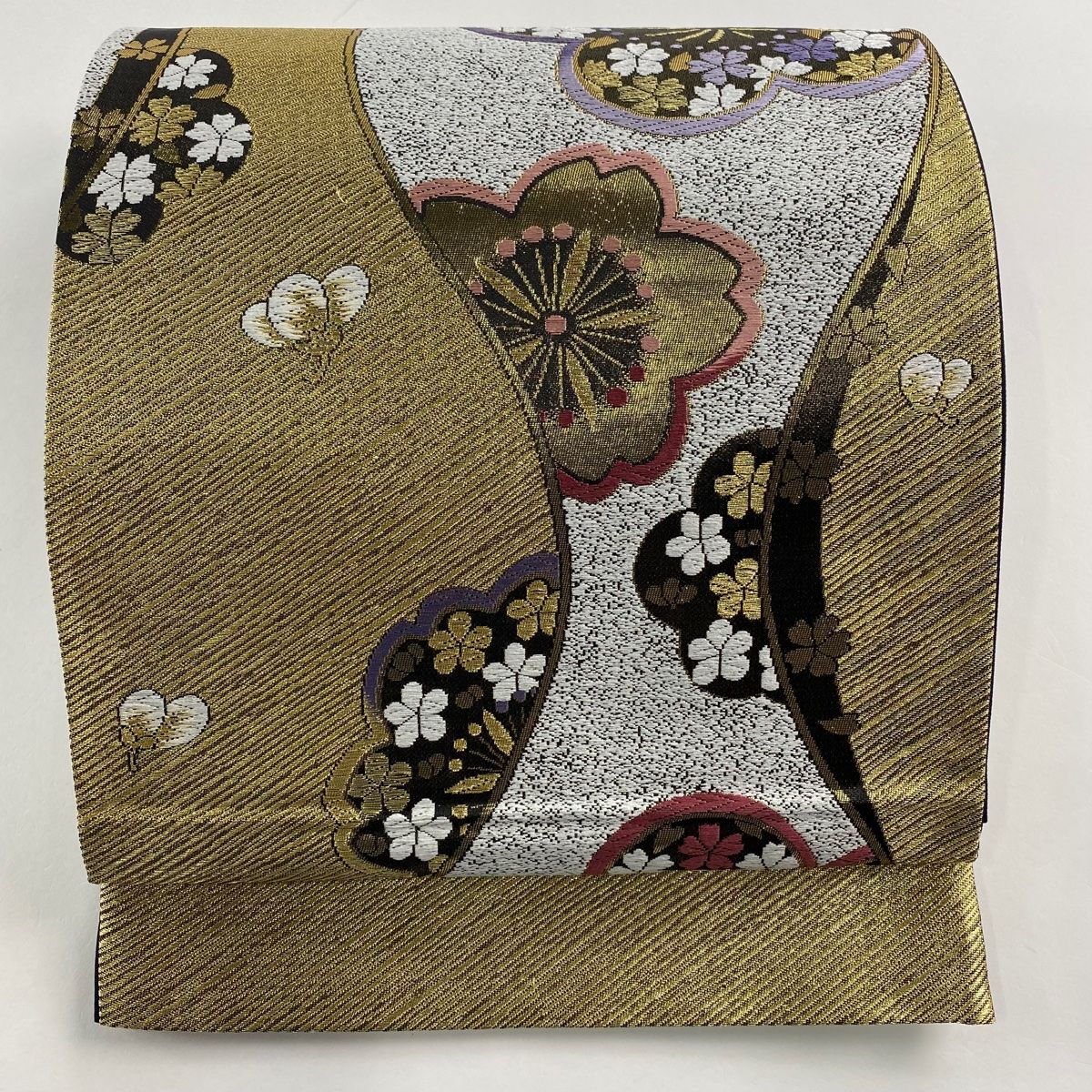 美品】 名古屋帯 秀品 紬地 縞 段縞 薄茶色 正絹 【中古】 袋帯
