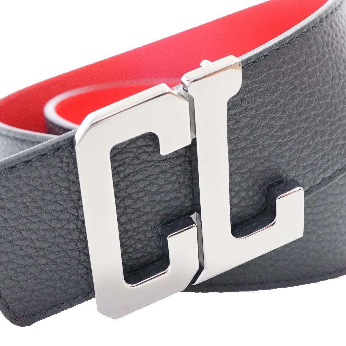 たつみ様【Christian Louboutin】極美品☆ベルト レザー×ファブ RICKY BELT 35 BLACK/RED/BLACK GUNMETAL Classic Leather