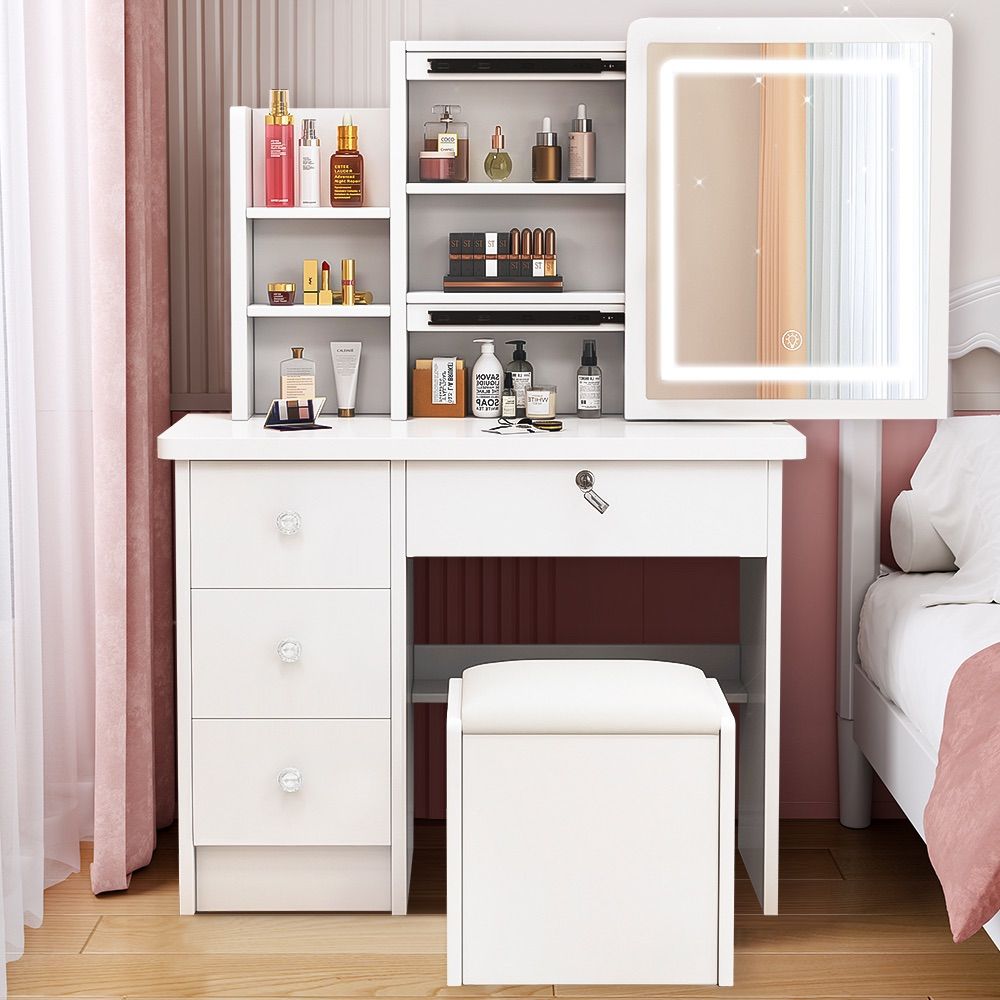 本日限定）ドレッサー コンパクト 白 3色LED ライト収納沢山 化粧台
