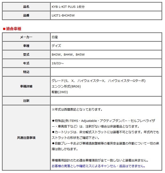 KYB カヤバ エルキットプラス L-KIT PLUS 1台分 デイズ B43W B44W B45W 19 03～ LKIT1-B4345W