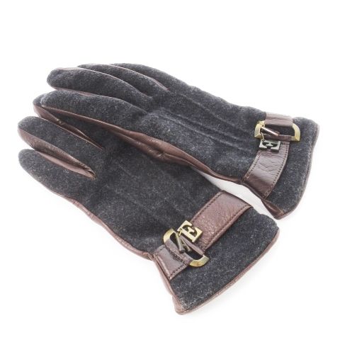 エンポリオアルマーニ EMPORIO ARMANI 手袋 グローブ ウール レザー 本革 ベルト チャーム 切替 裏起毛 S 茶 ブラウン |CK18 GY18