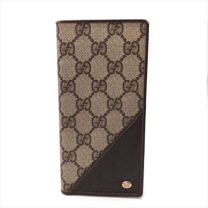 GUCCI グッチ GGスプリーム PVC レザー ロゴ金具 2つ折り メンズ ファッション 小物 長財布 ウォレット ブラウン m14699