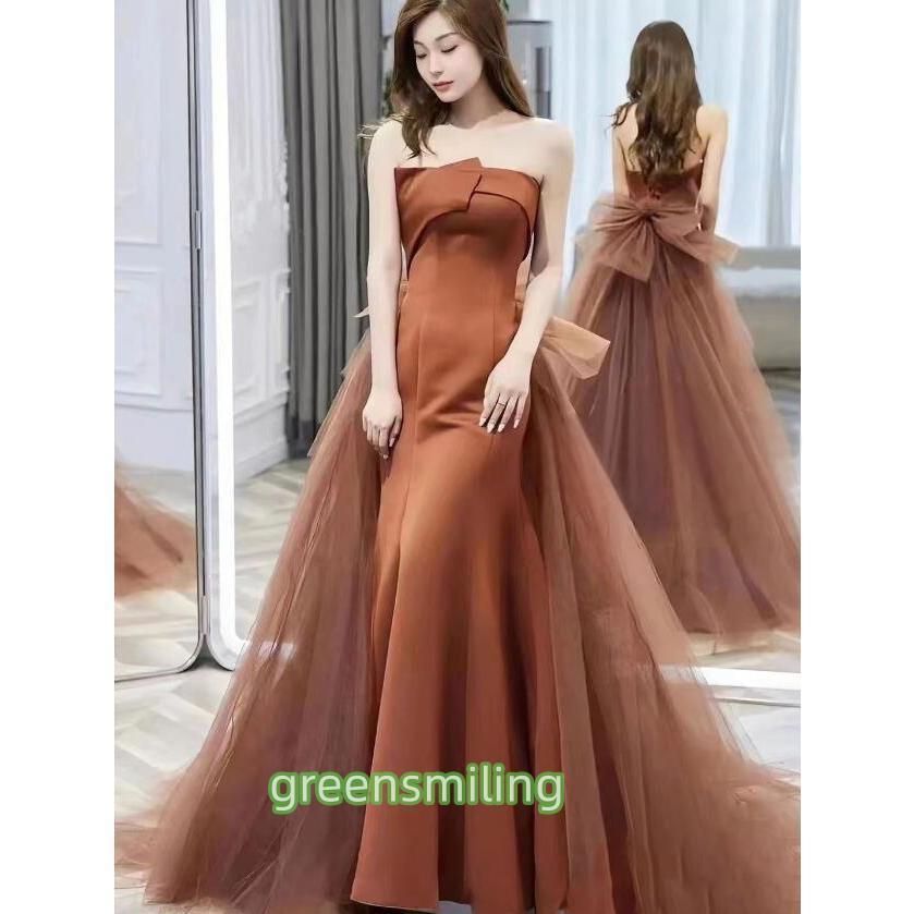 カラードレス ウェディングドレス ブラウン サテン ソフトマーメイド  