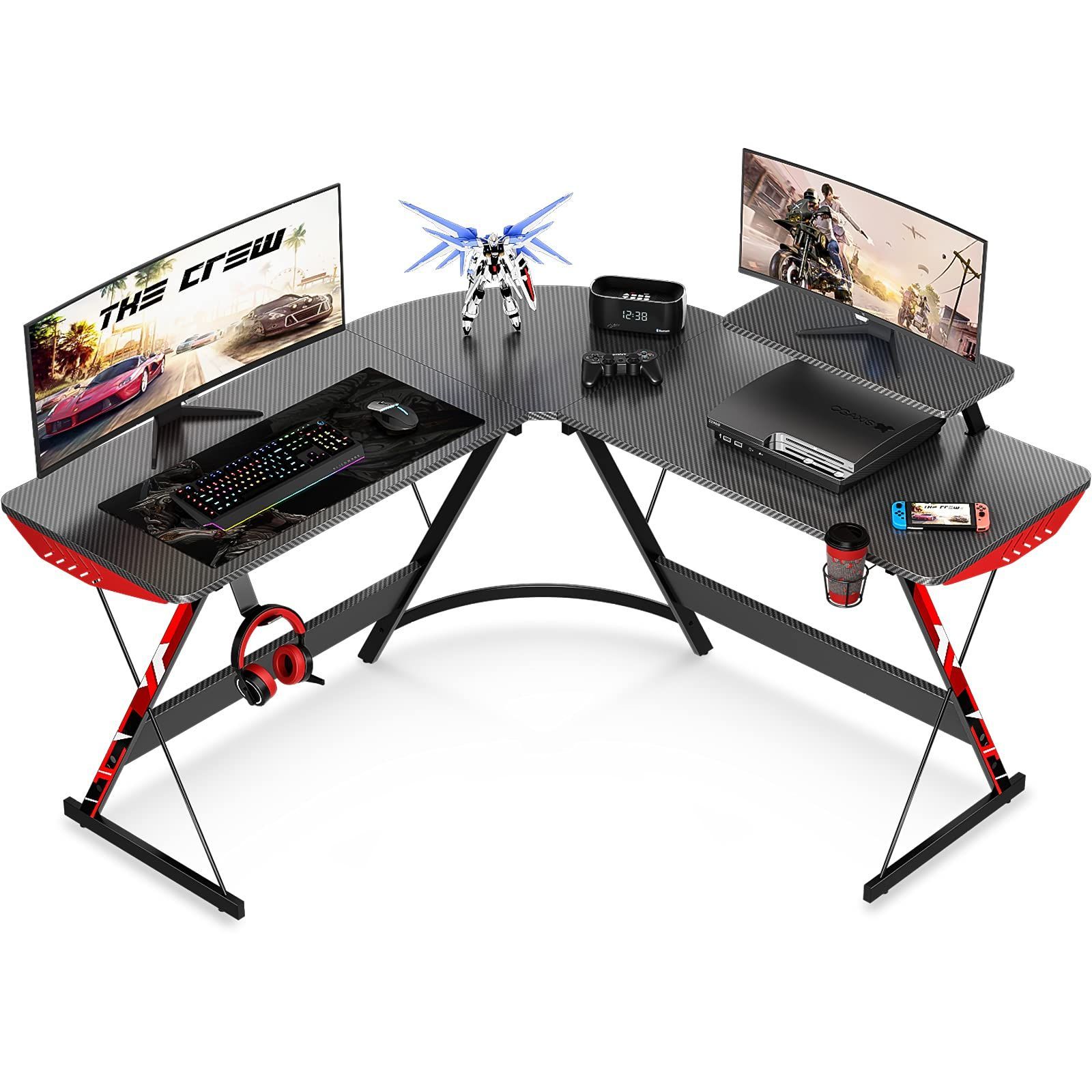 KKL ゲーミングデスク L字デスク 幅127cm パソコンデスク デスク 机 pcデスク L字型 コーナーデスク オフィスデスク 在宅ワーク カーボン調天板 組立簡単 ブラック