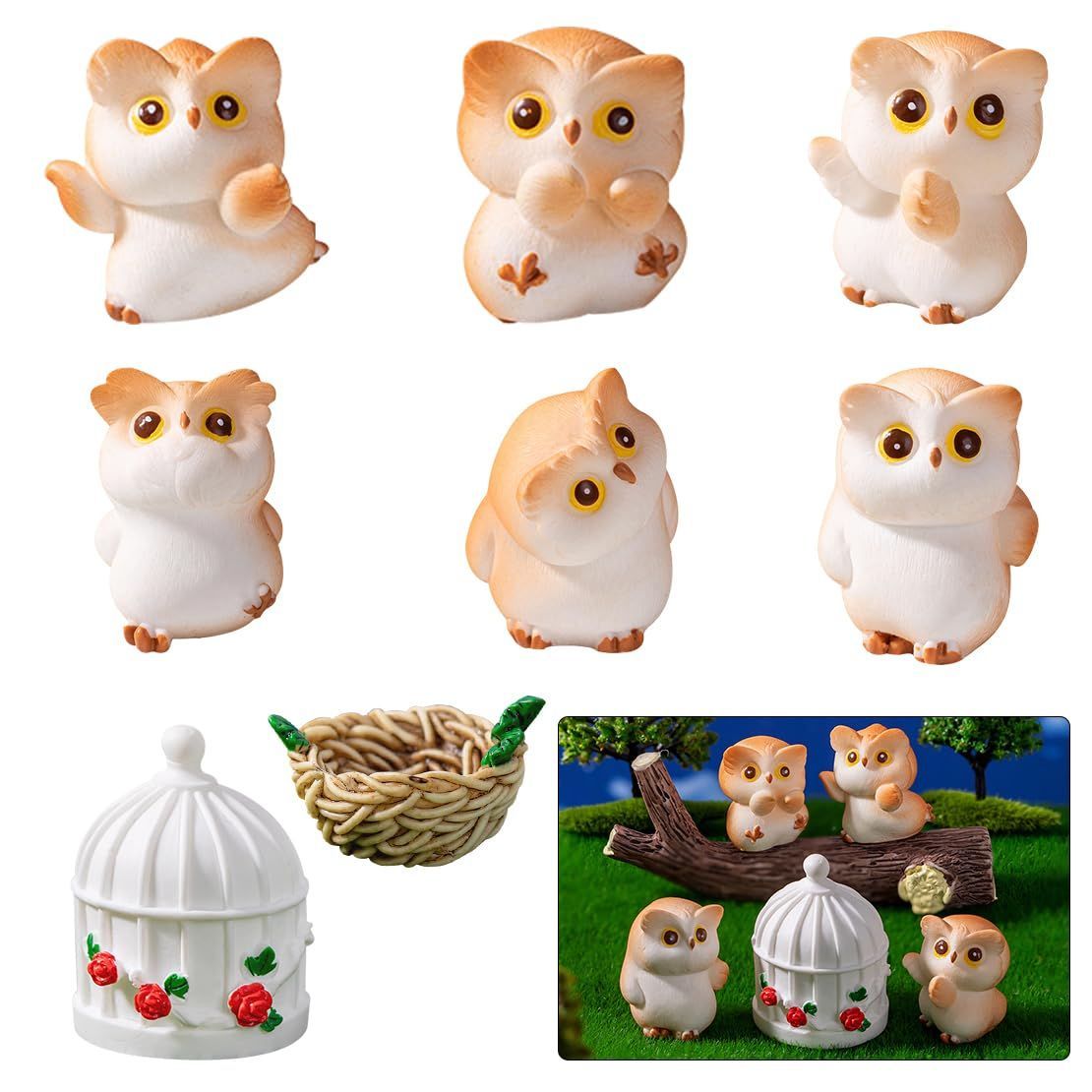 フクロウ DeryArcle フクロウ 立体 8個セット 置物 風水 3.5*2.6ｃｍ 小さい 不規則 可愛いのジオメトリー 玄関 動物 オブジェ 鳥の巣 樹脂 道具 福老 顔を触る/翼を広げる/頭を上げる/振り向く 拍