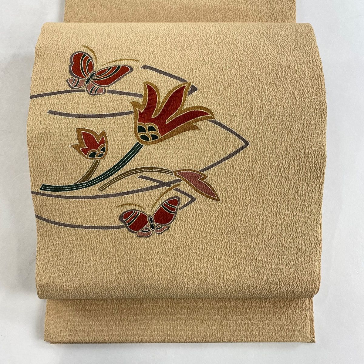 未使用品 名古屋帯 クリームベージュ 縮緬 草花 金彩 長さ3m76