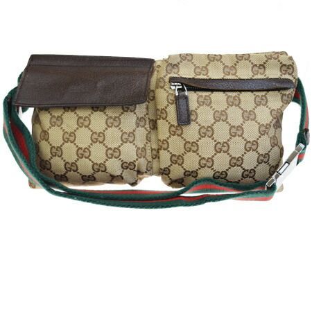 【中古】 中美品 グッチ GUCCI シェリー ウエストポーチ バッグ GG柄 ブラウン グリーン レッド キャンバス レザー 74ER402