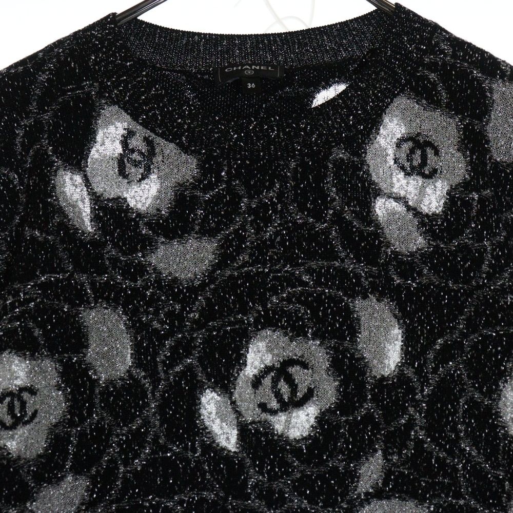 CHANEL (シャネル) ココマーク カメリア 総柄 ラメ ジャガード クルー