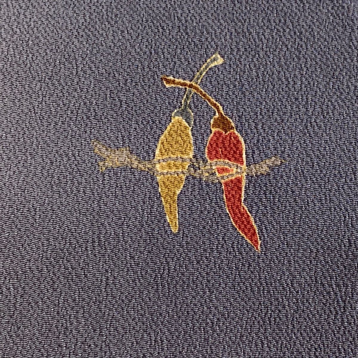 名古屋帯 秀品 唐辛子 金彩 縮緬 灰色 正絹