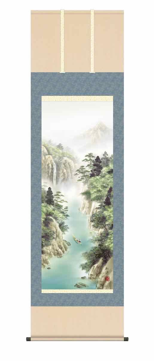 美術品・アンティーク・コレクション 山水画 掛軸 青と金の装飾