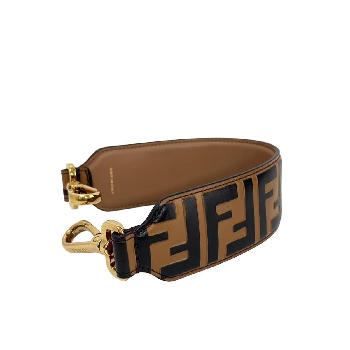 FENDI フェンディ ショルダーストラップ ストラップ ユー ミニ ライトブラウン×ダークブラウン×ゴールド 型押し加工|FFモチーフ レザー