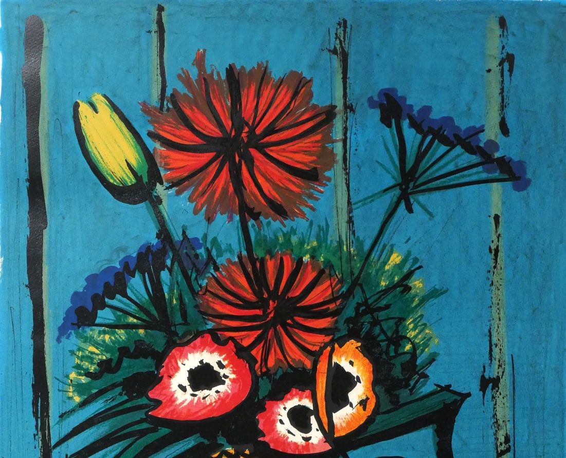 ベルナール ビュッフェ（Bernard BUFFET）「青い背景の花束