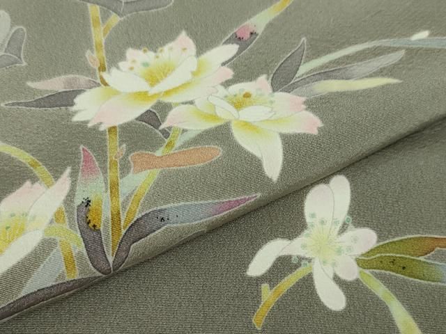 平和屋本店□極上 京加賀友禅 百貫石峰 訪問着 草花文 素鼠色地 逸品