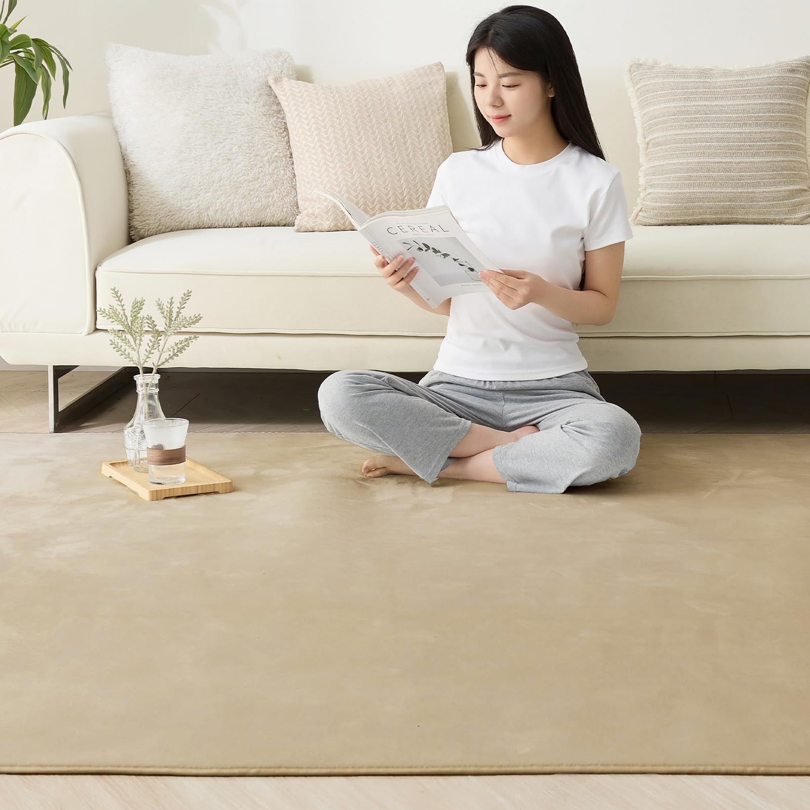 Size:200×250cm_Color:ベージュ Softime カーペット ラグ ラグマット 200×250cm（約3畳）絨毯 滑り止め付 ラグカーペット 軽量設計 洗える 地毯 抗菌 防臭 防ダニ フランネルラグ オールシーズン 床暖