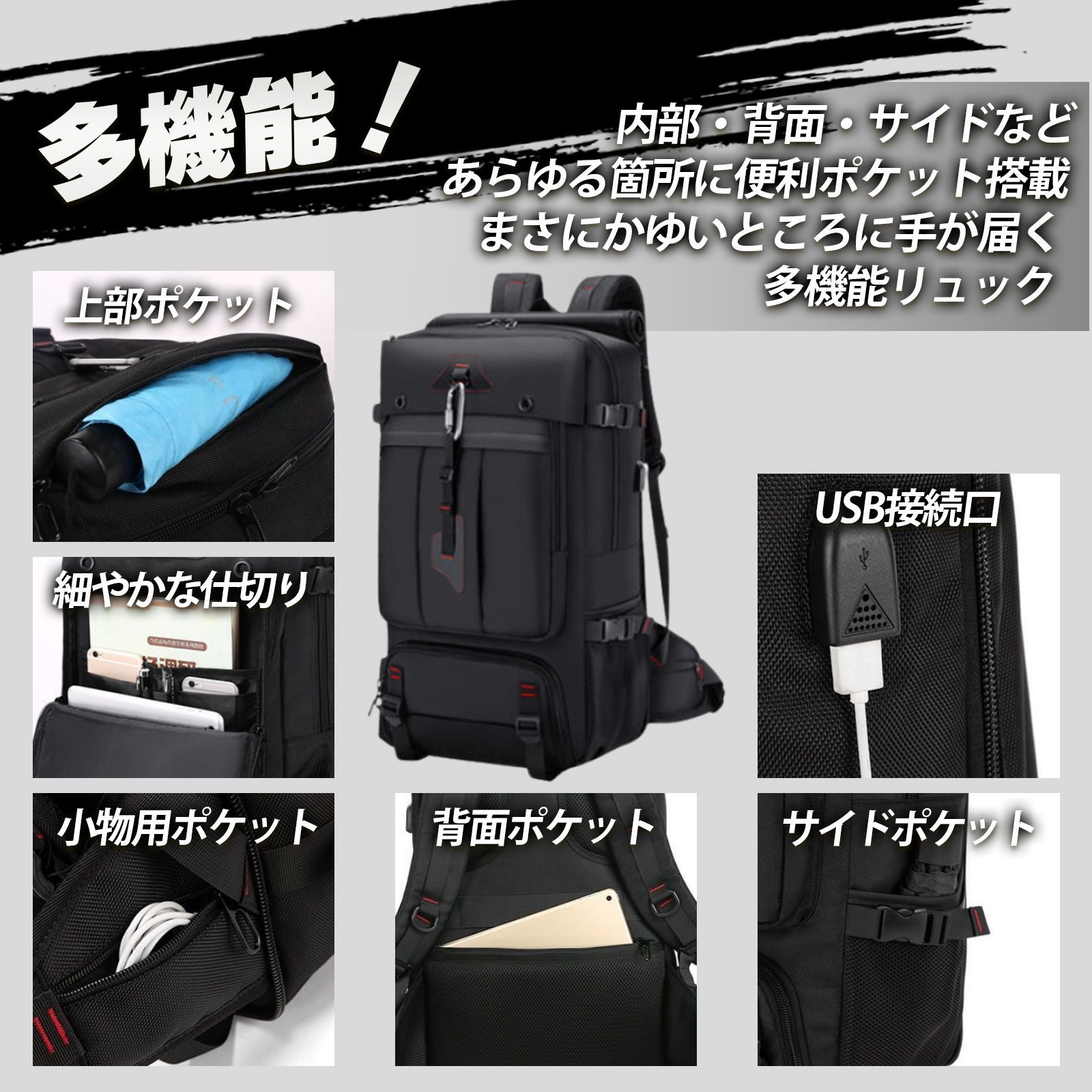 ★ 60L多機能 リュック 防災 アウトドア 登山用バックパック レインカバー付 (ネイビー) 60L大容量 バックパック ビジネスリュック スクエア型 60L 多機能