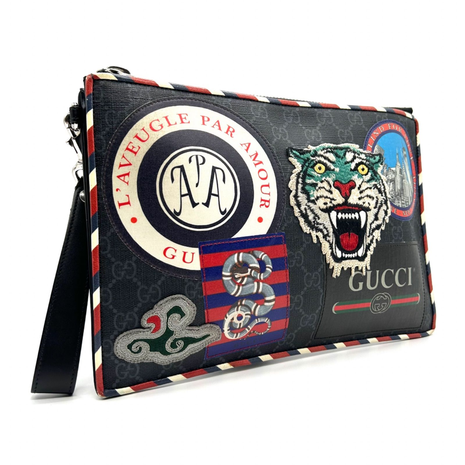 GUCCI グッチ クラッチバッグ ナイト クーリエ GGスプリーム タイガー ワッペン 496346 ブラック 黒 スネーク 虎 蛇 ロゴ ハンドバッグ メンズ お出かけ デイリー GG GG柄 マルチ バッグ 鞄 bag lether black
