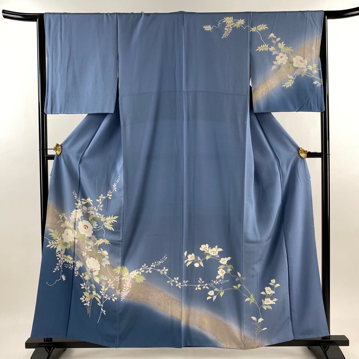 訪問着 身丈159cm 裄丈64cm M 袷 草花 金彩 ぼかし 青 正絹 秀品