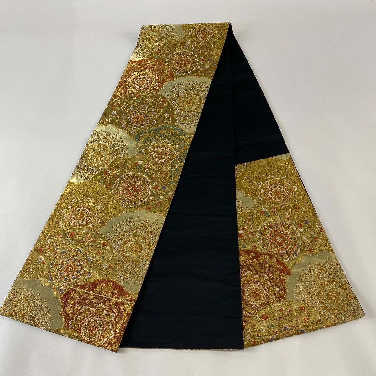 袋帯 美品 華文 花鳥 金糸 箔 金色 六通 正絹 袋帯 美品 秀品 華文 鳥 金銀糸 箔 金色 六通 正絹 【中古