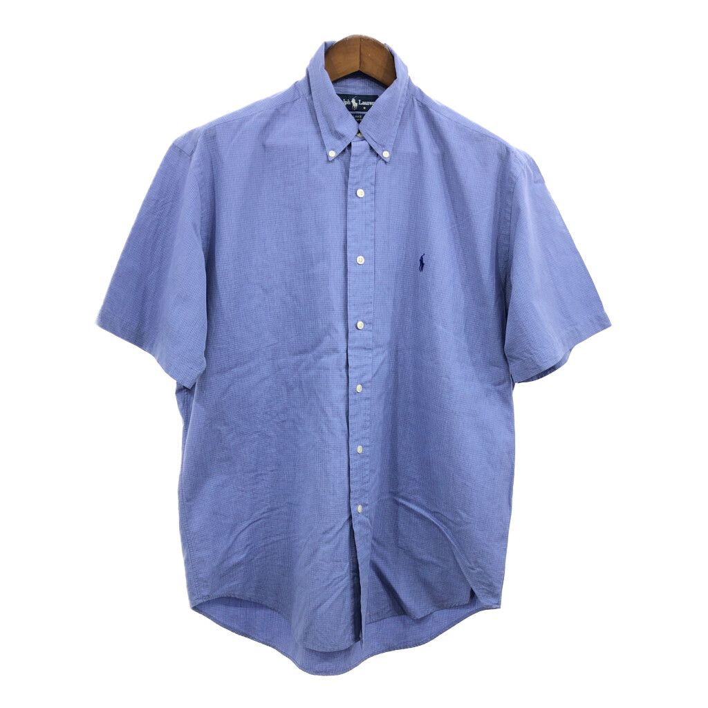 90年代 RALPH LAUREN ラルフローレン BLAKE ボタンダウン 半袖シャツ ワンポイントロゴ チェック ブルー (メンズ M ...