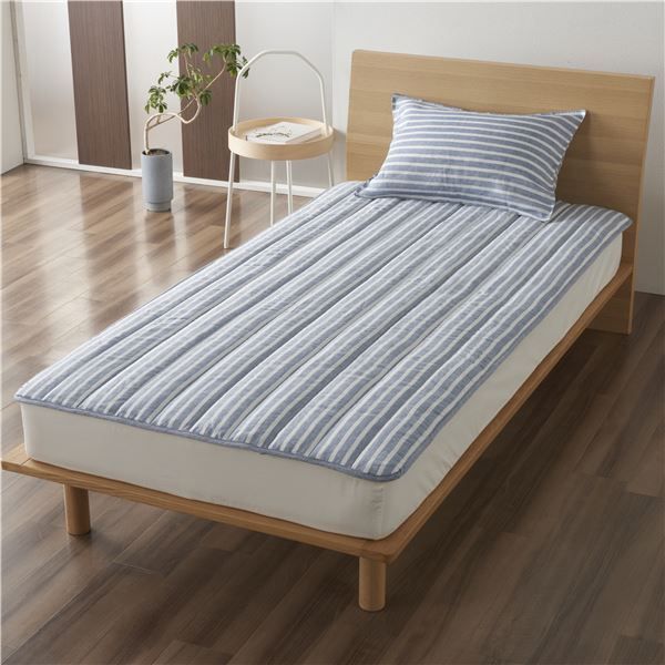 先染めストライプ リネン 敷きパッド シリカゲルシート入り 約140x200cm ブルー 代引不可
