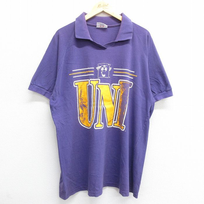 XL/古着 半袖 ビンテージ Tシャツ メンズ 90s UNI ロング丈 ラグラン コットン 襟付き 紫 パープル 23jun24 中古