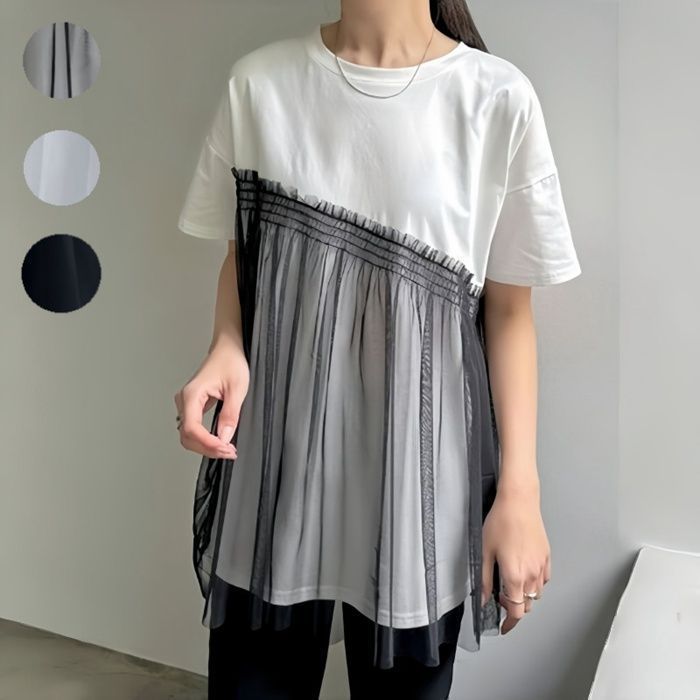 tシャツ バックチュール切替半袖Tシャツ レディース vingtrois tシャツ 「vingtrois」チュール切り替えトップス
