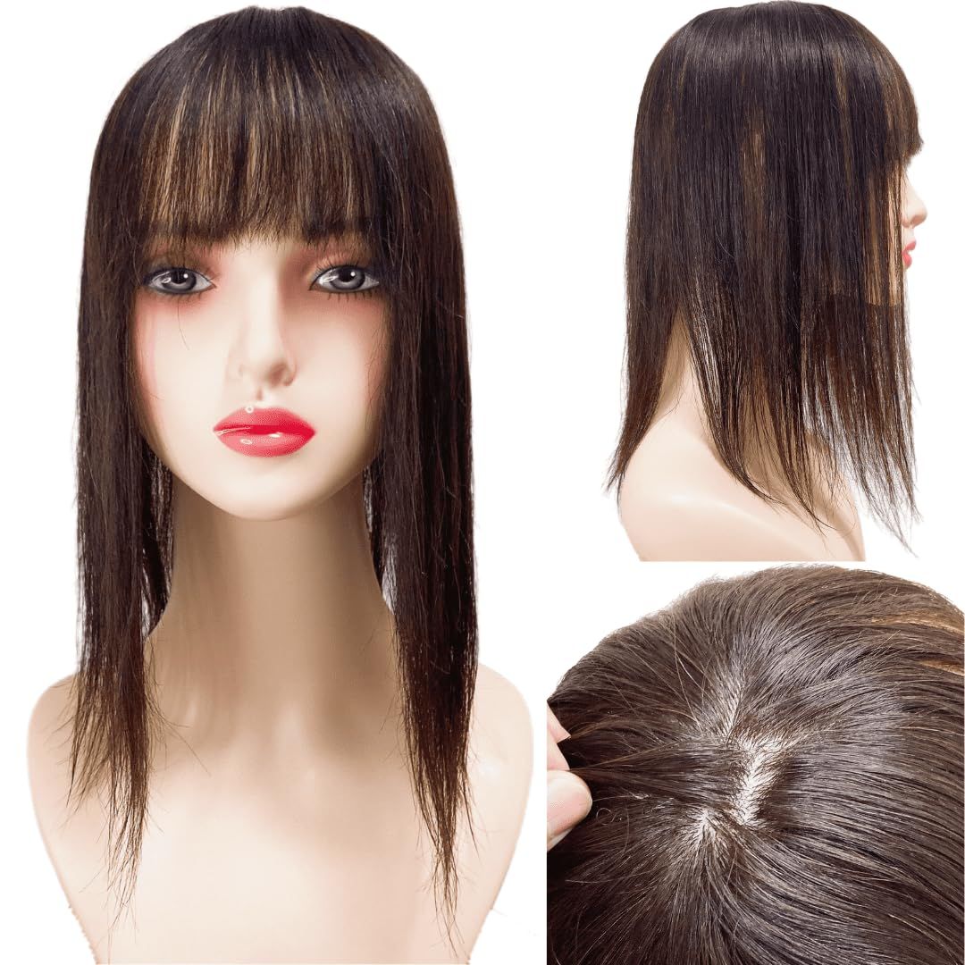 Luce brillare 部分ウィッグ かつら ヘアピース 女性 レディース 人毛 ウィッグ セミロング 医療用 つむじ 頭頂部 35cm トップピース 必需品3点セット カツラ うぃっぐ 艶髪美人セミロング ダークブラウン ダークブラウン