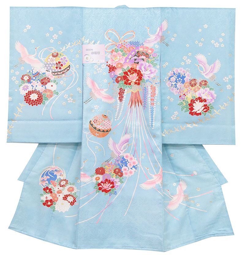 ※店舗改装後【古典新作フェア】仕立無料新品正絹特撰京友禅工芸染祝王朝花扇面文に四季花熨斗花鶴舞文の上品水色染お祝着10012012