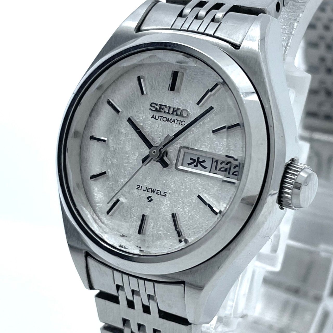 稼働品 seiko セイコー 腕時計 2906-0110 レディース 自動巻き 21石 デイデイト 漢字曜日 シルバー文字盤 ラウンド アンティーク クラシック レトロ モデル クリーニング済 G6