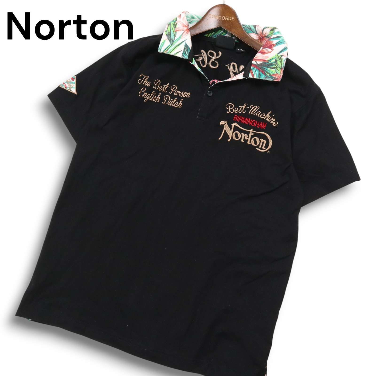Norton ノートン 春夏 ロゴ刺繍 ボタニカル柄使い 半袖 ポロシャツ Sz.L メンズ 黒 バイク