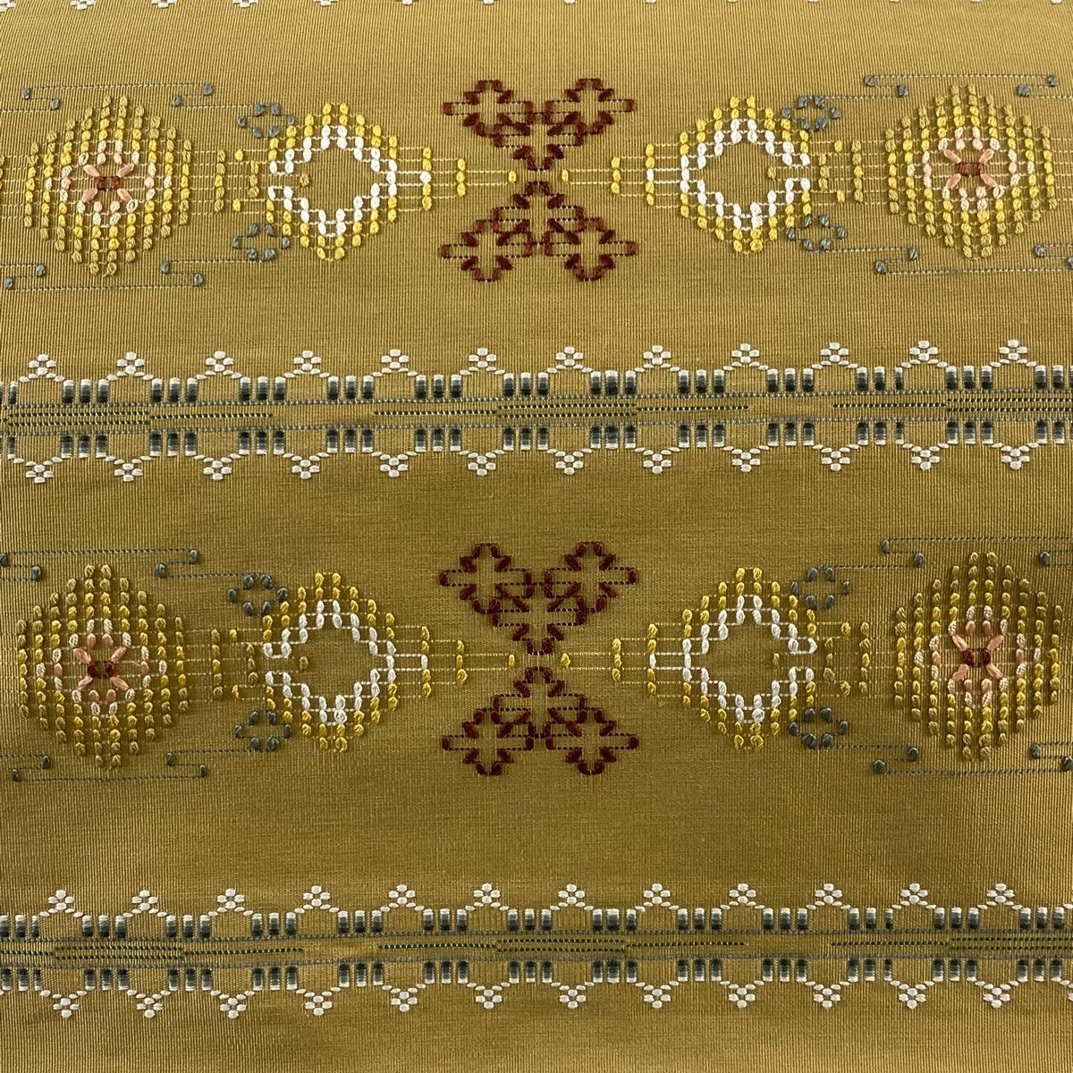 名古屋帯 八寸名古屋帯 松葉仕立て 華文 刺繍 黄土色 正絹