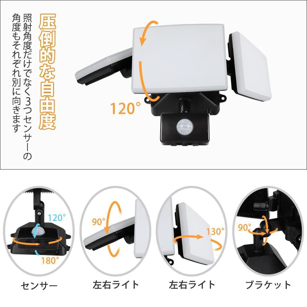 DINGLILED センサーライト 人感 3灯式 コンセント式 角度調整 IP65防水