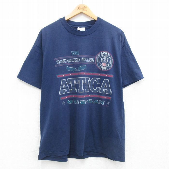 XL/古着 ヘインズ 半袖 ビンテージ Tシャツ メンズ 90s ATTICA ミシガン クルーネック 紺 ネイビー 24aug10 中古