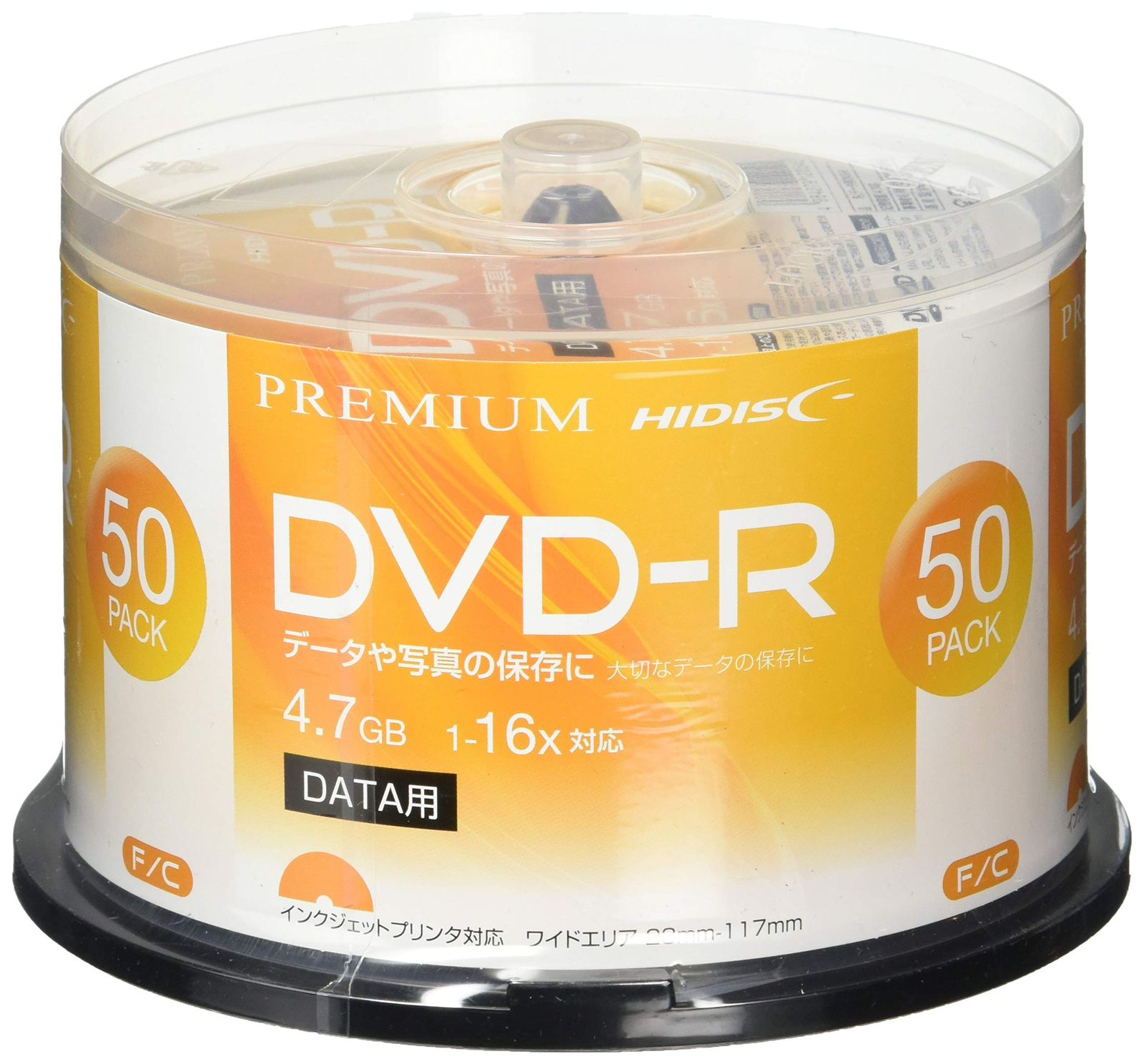 ホワイトワイドプリンタブル 4.7GB 16倍速 スピンドルケース データ用 DVD-R 50枚 HIDISC PREMIUM