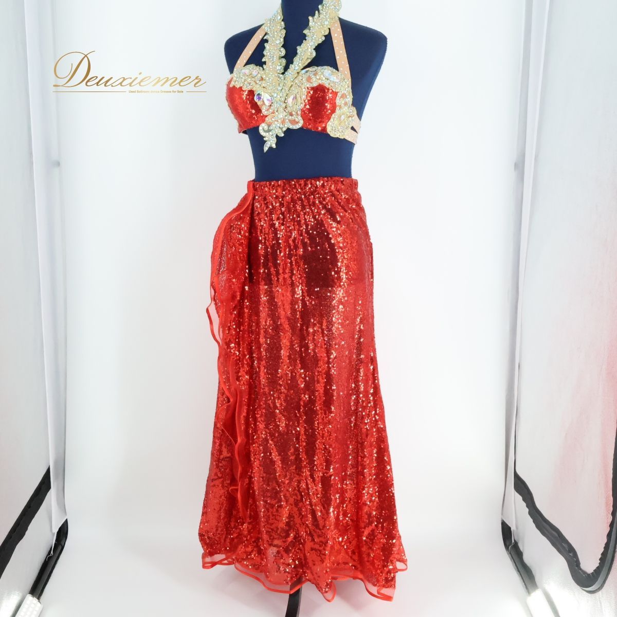 ベリーダンス用 オリエンタル衣装】レッド ラインストーン 赤 シルバー