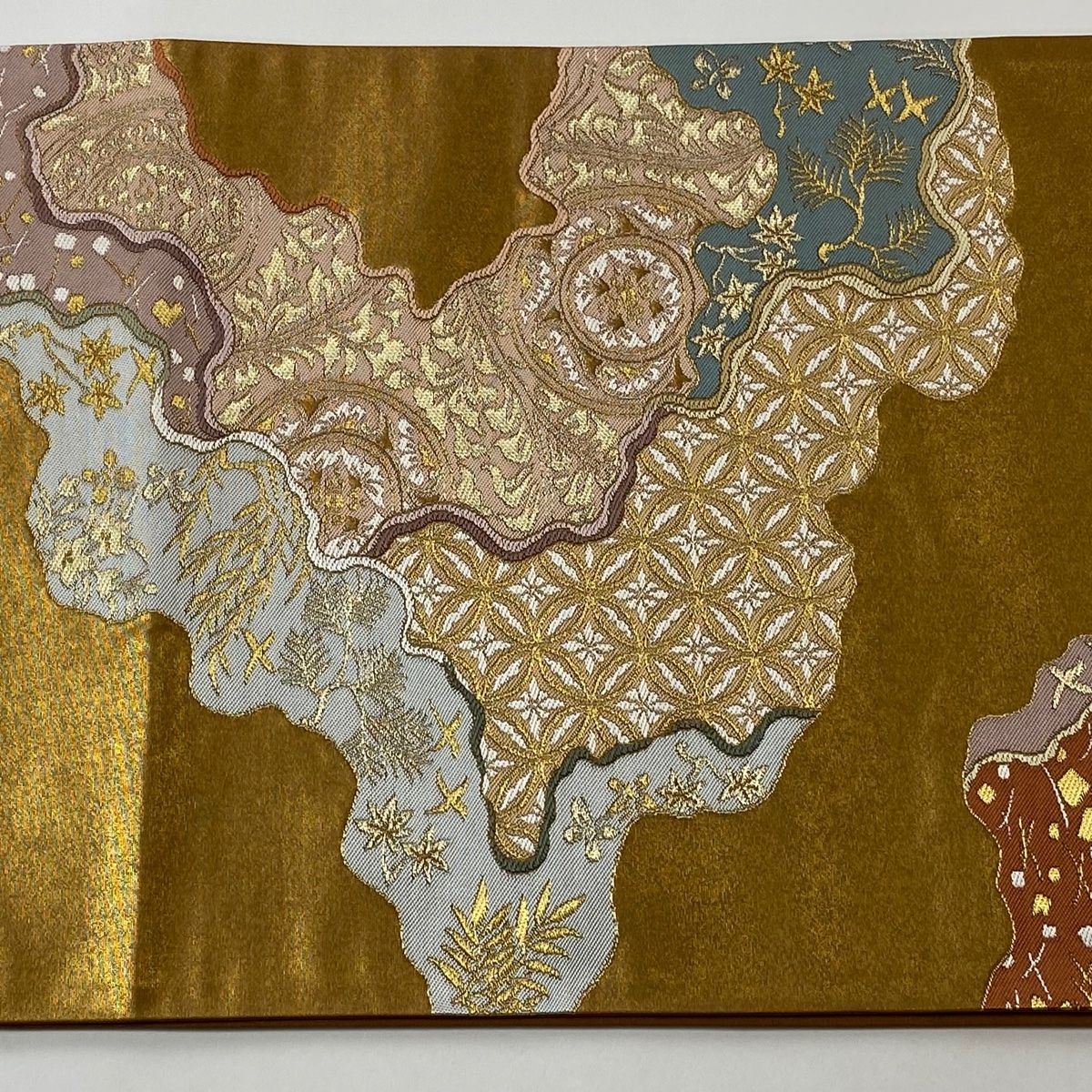 美品】 袋帯 逸品 河村織物 落款 道長取 名物裂六歌選 金糸 箔 金茶 六