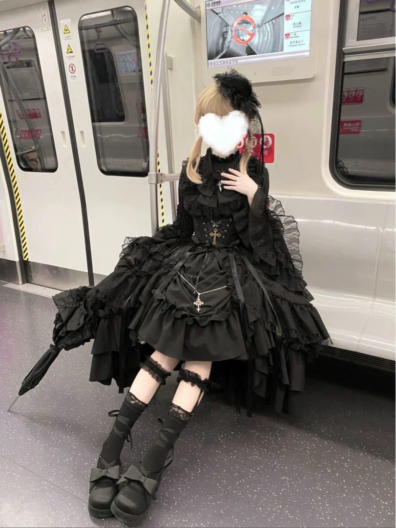 3点セット 黒ゴスロリ ロリータゴシック スカート 姫袖ブラウス