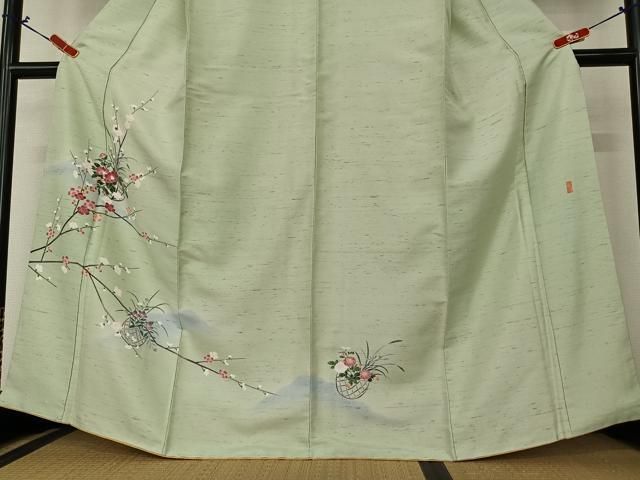 平和屋着物○訪問着 友禅 作家物 紬地 花籠文 正絹 逸品 AAAZ0281zg