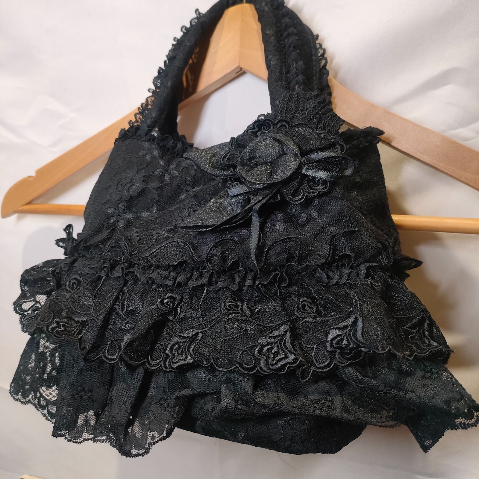 4【美品】レース ミニバッグ 花柄 ミニボストンバッグ 姫系 ブラック