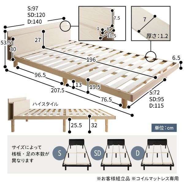 ベッド セミダブル ベッドフレームのみ ホワイト すのこ 棚付き