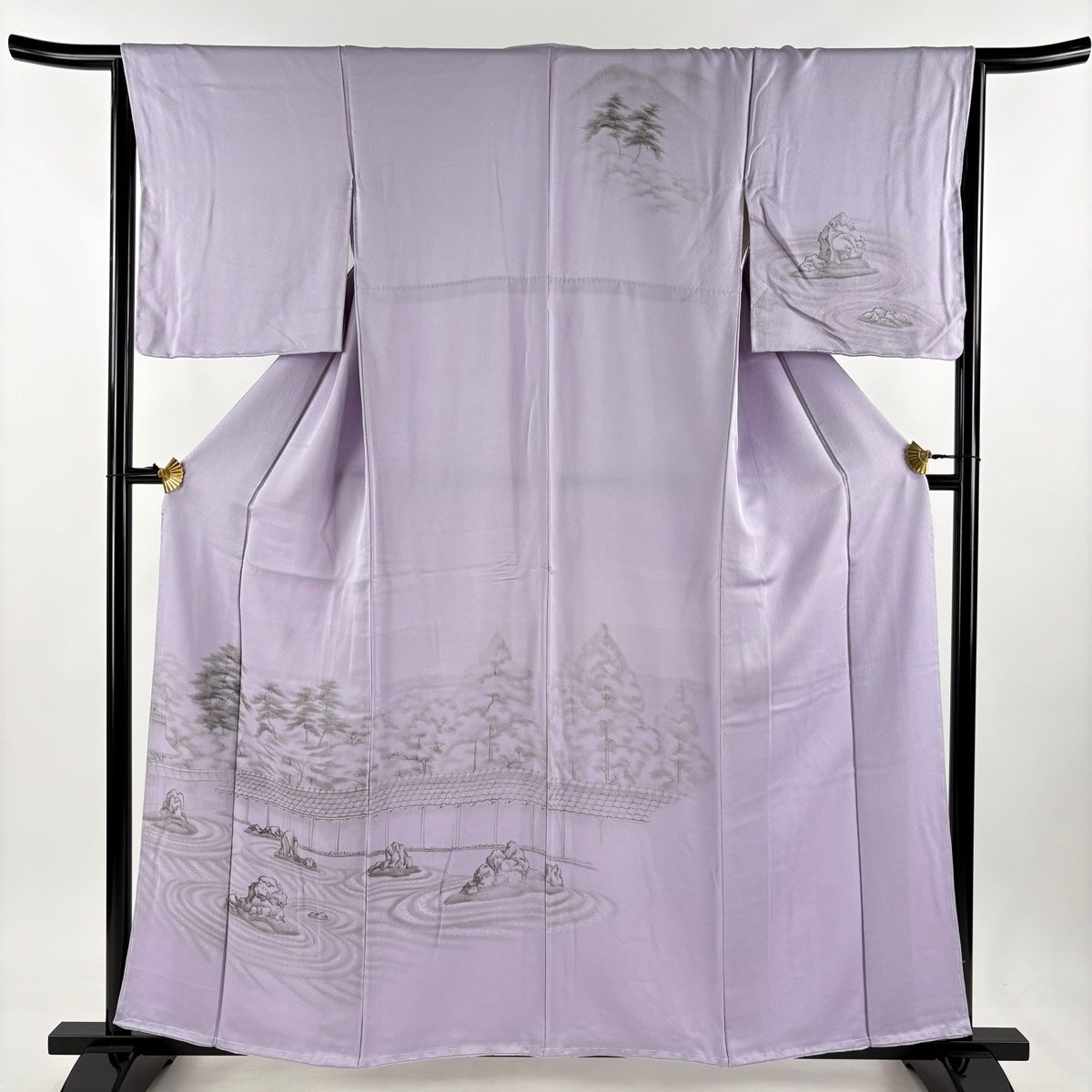 訪問着 身丈157cm 裄丈64cm M 袷 落款 風景 松梅 薄紫 正絹 美品 秀品 【中古】