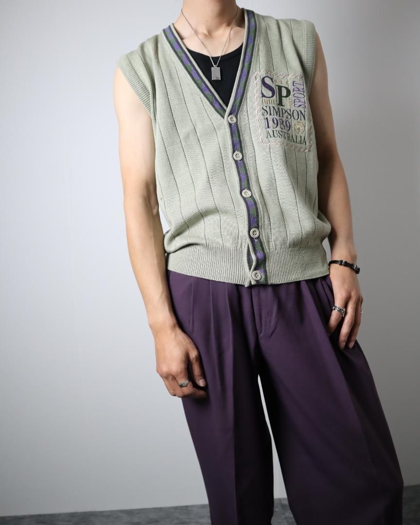 vintage】刺繍 デザイン ウール混紡 ニット セーター ベスト 緑 紫 