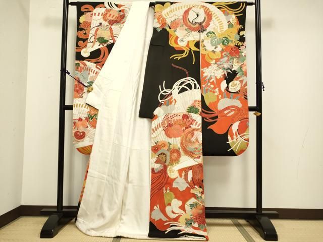 平和屋本店●アンティーク 大正ロマン お引きずり お引き摺り 引き振袖 和装 衣装 駒刺繍 檜扇吉祥花鳥文 黒地 金彩 DAAX8001du