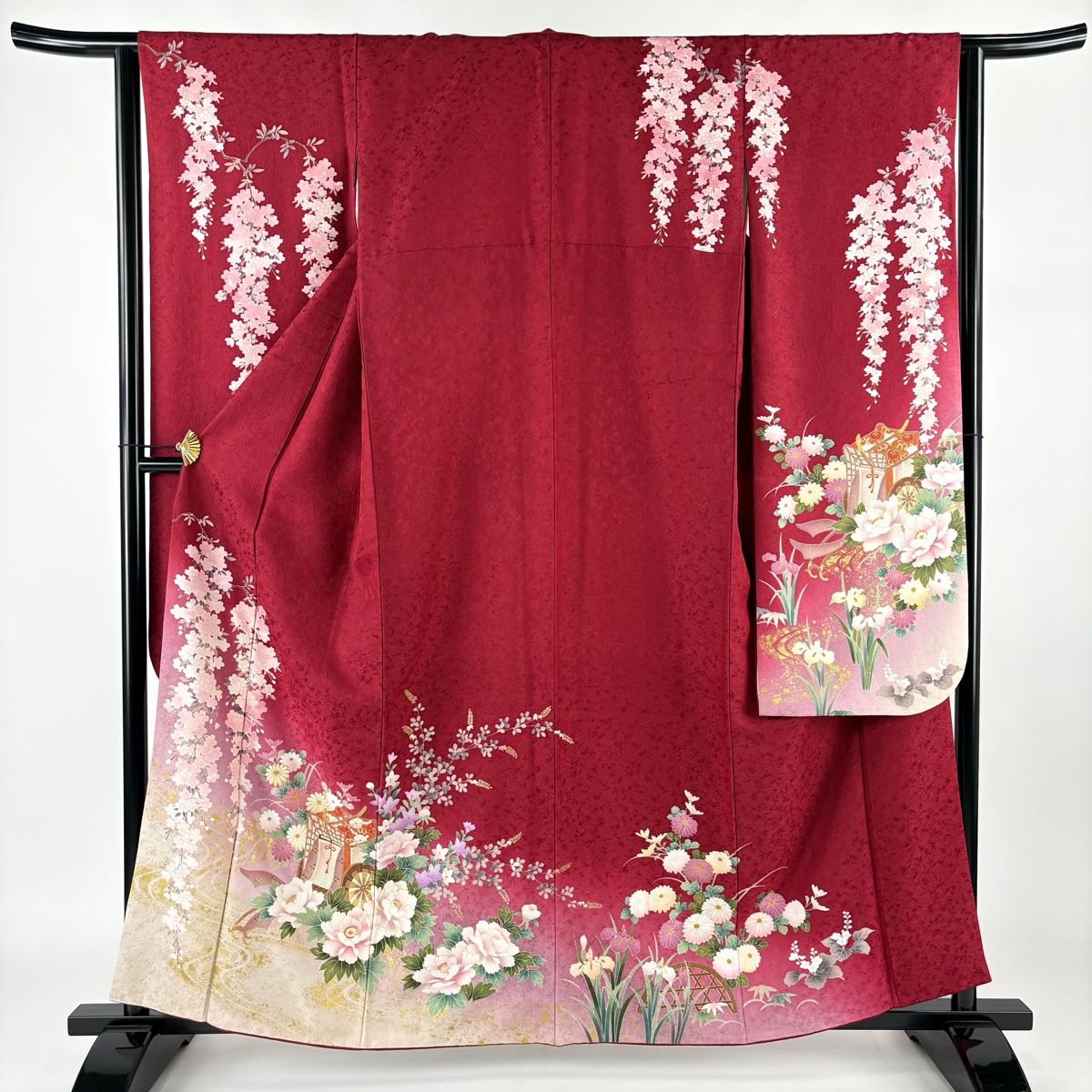 身丈155センチ　比翼付きお振り袖　正絹ふ25 振袖 レンタル フルセット 青 シンプル 桜 適応身長157cm〜162cm